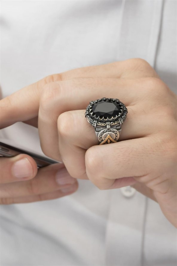 Siyah Taşlı 925 Gümüş Erkek Yüzük - Resim 7