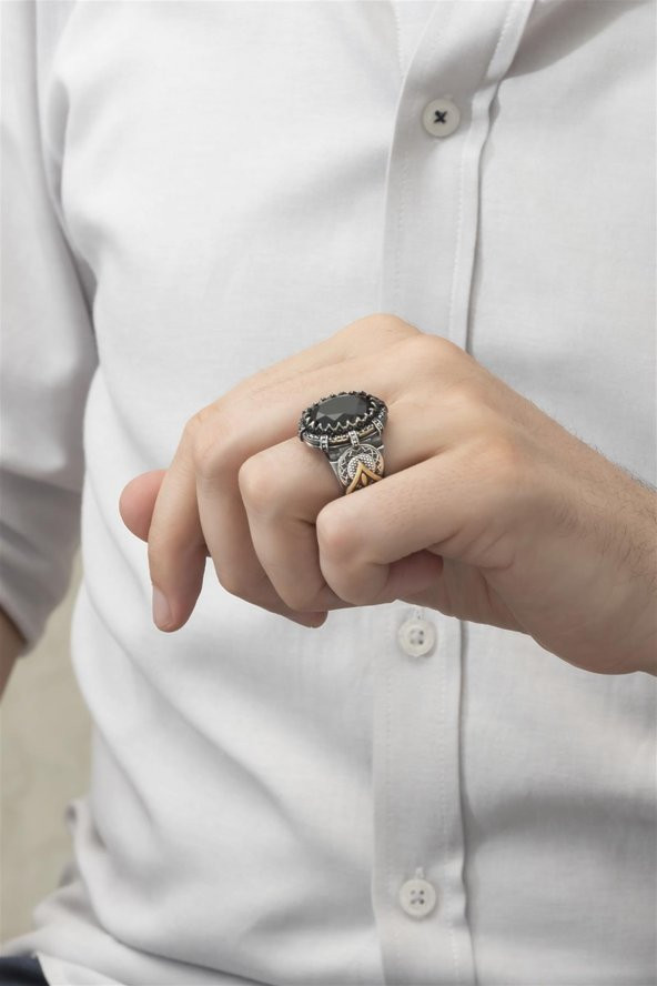 Siyah Taşlı 925 Gümüş Erkek Yüzük - Resim 8