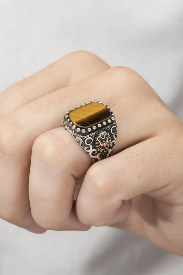 Osmanlı Devleti Armalı Kaplan Gözü Taşlı 925 Gümüş Erkek Yüzük ürün görseli