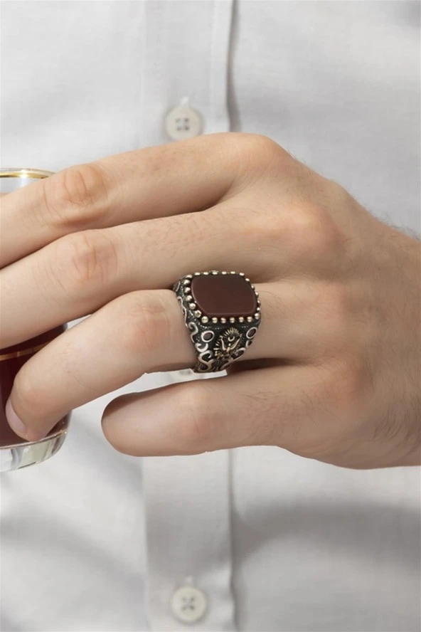 Osmanlı Devleti Armalı Akik Taşlı 925 Gümüş Erkek Yüzük - Resim 3