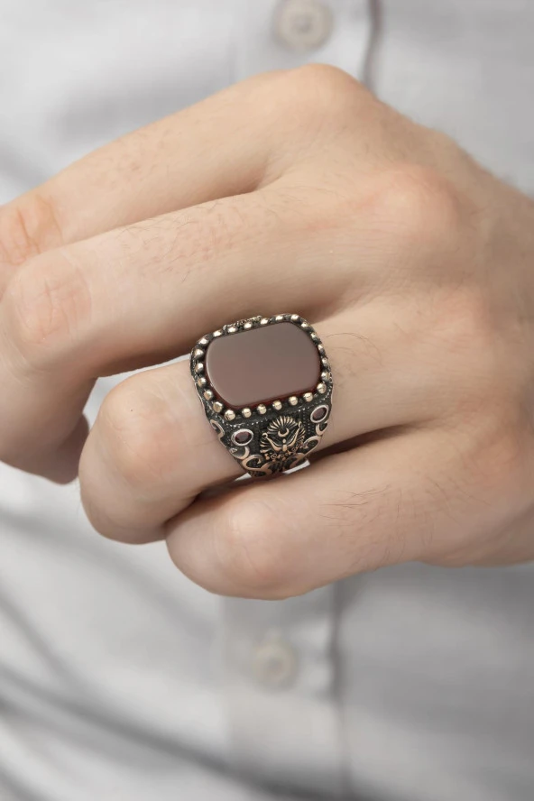 Osmanlı Devleti Armalı Akik Taşlı 925 Gümüş Erkek Yüzük - Resim 4