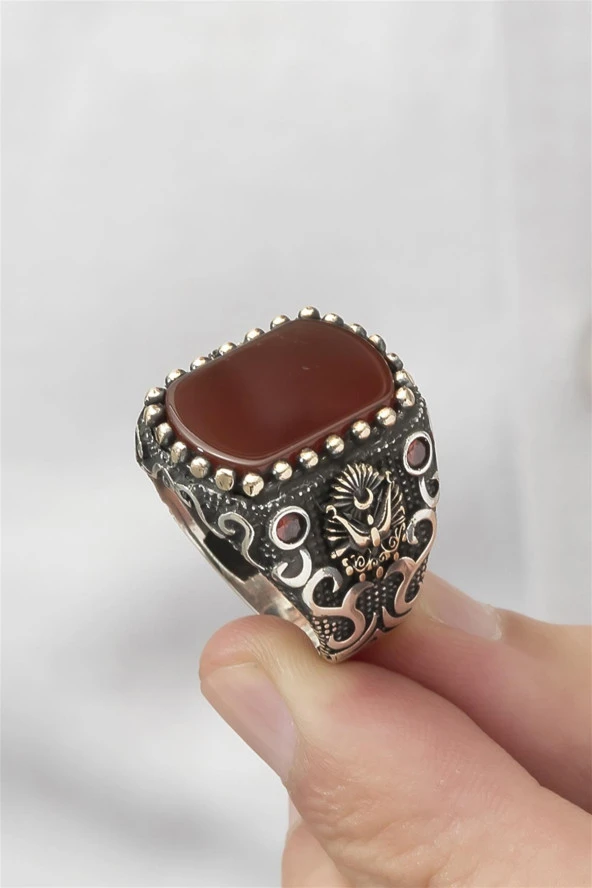 Osmanlı Devleti Armalı Akik Taşlı 925 Gümüş Erkek Yüzük - Resim 6