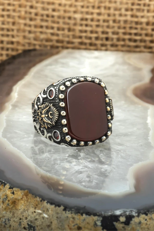 Osmanlı Devleti Armalı Akik Taşlı 925 Gümüş Erkek Yüzük - Resim 7