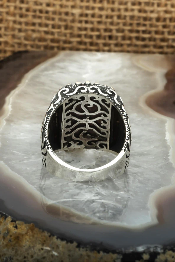 Osmanlı Devleti Armalı Akik Taşlı 925 Gümüş Erkek Yüzük - Resim 8