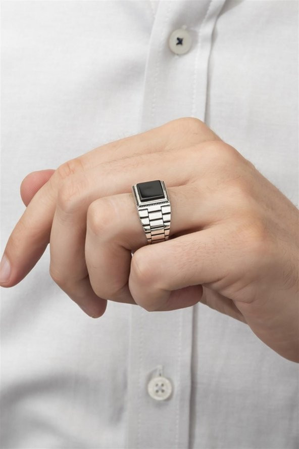 Siyah Oniks Taşlı Kare Kordon Model 925 Gümüş Erkek Yüzük - Resim 3