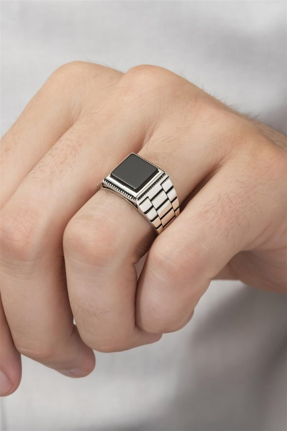 Siyah Oniks Taşlı Kare Kordon Model 925 Gümüş Erkek Yüzük - Resim 5