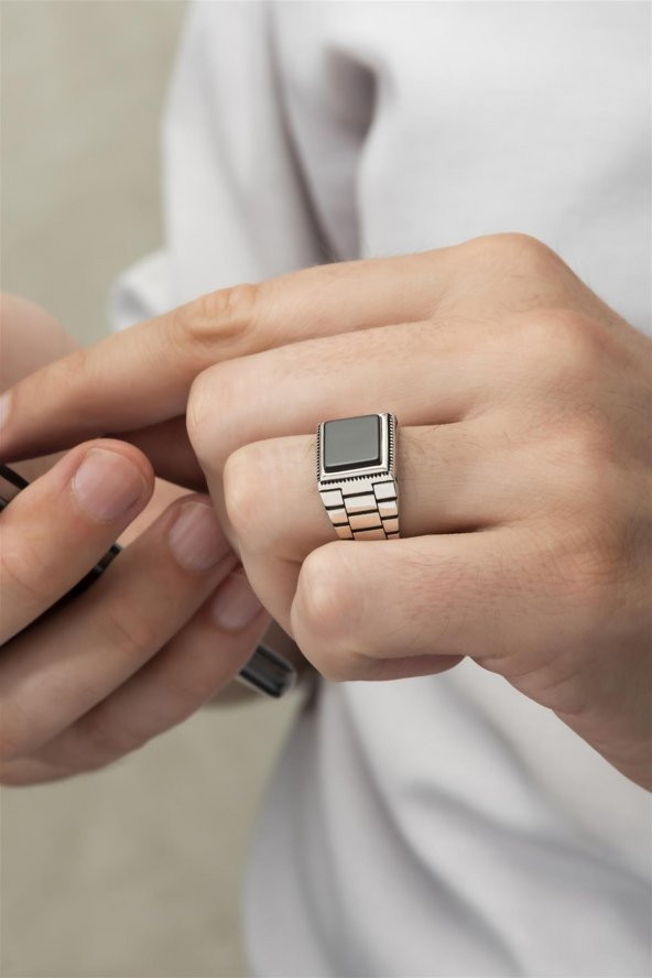 Siyah Oniks Taşlı Kare Kordon Model 925 Gümüş Erkek Yüzük - Resim 6