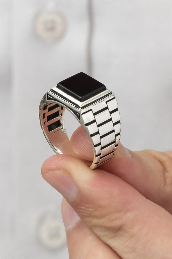 Siyah Oniks Taşlı Kare Kordon Model 925 Gümüş Erkek Yüzük - Resim 7