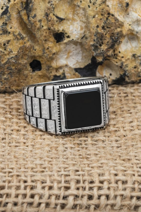 Siyah Oniks Taşlı Kare Kordon Model 925 Gümüş Erkek Yüzük - Resim 8