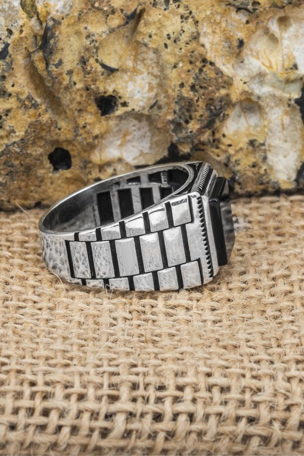 Siyah Oniks Taşlı Kare Kordon Model 925 Gümüş Erkek Yüzük - Resim 10