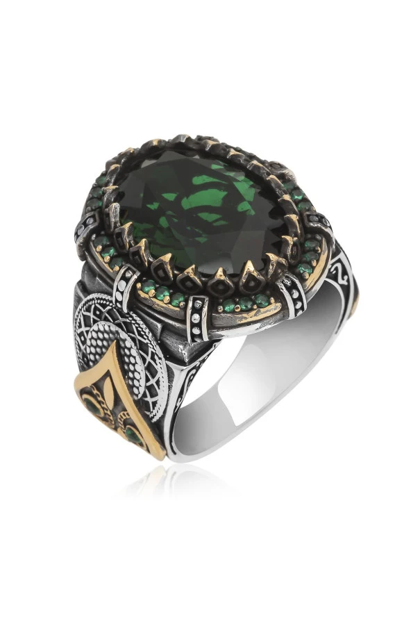 Yeşil Faset Kesim Taşlı 925 Gümüş Erkek Yüzük - Resim 2