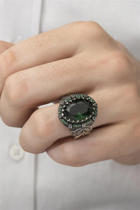 Yeşil Faset Kesim Taşlı 925 Gümüş Erkek Yüzük - Resim 4