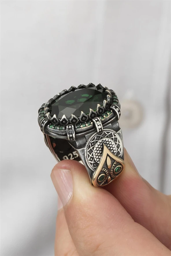 Yeşil Faset Kesim Taşlı 925 Gümüş Erkek Yüzük - Resim 7