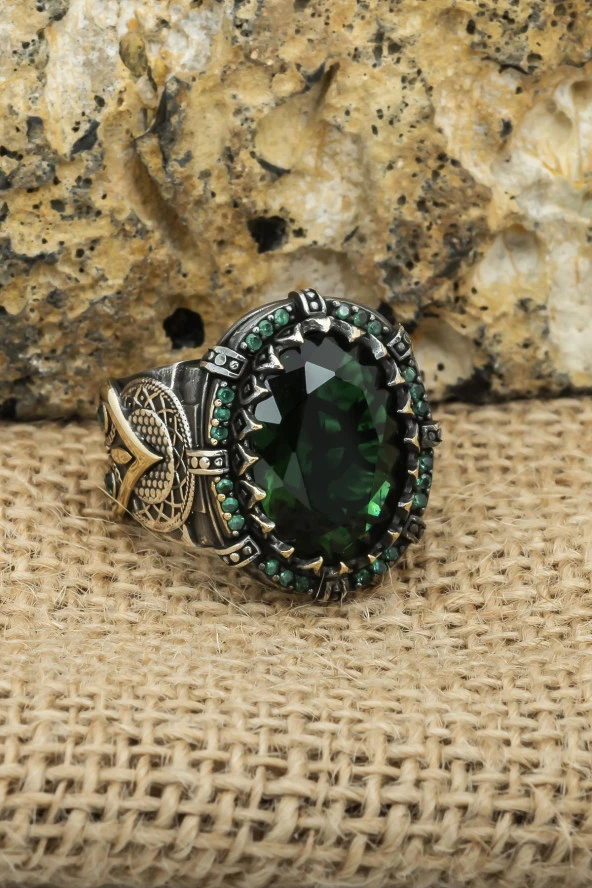 Yeşil Faset Kesim Taşlı 925 Gümüş Erkek Yüzük - Resim 8