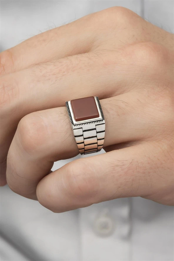 Akik Taşlı Kare Kordon Model 925 Gümüş Erkek Yüzük ürün görseli