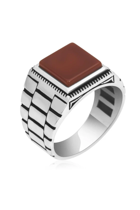 Akik Taşlı Kare Kordon Model 925 Gümüş Erkek Yüzük - Resim 2