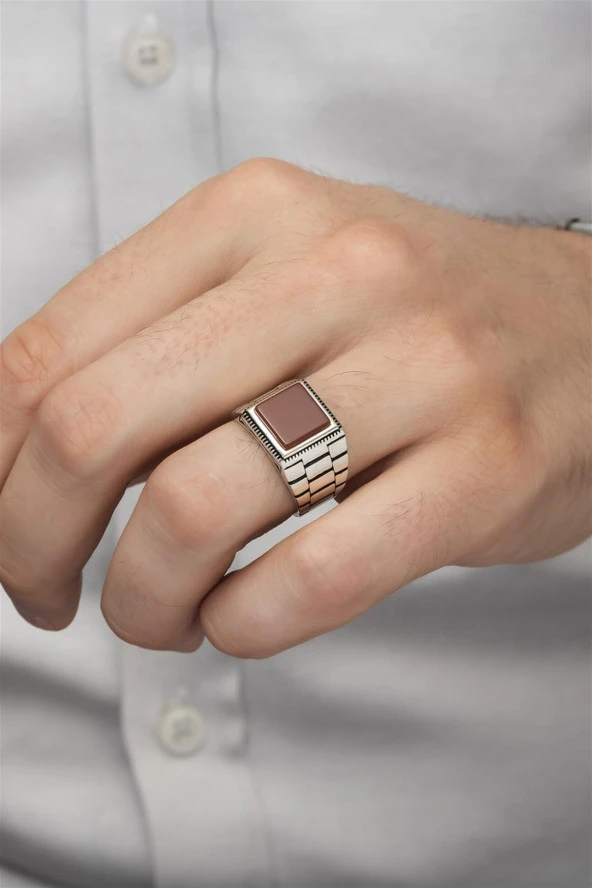 Akik Taşlı Kare Kordon Model 925 Gümüş Erkek Yüzük - Resim 4