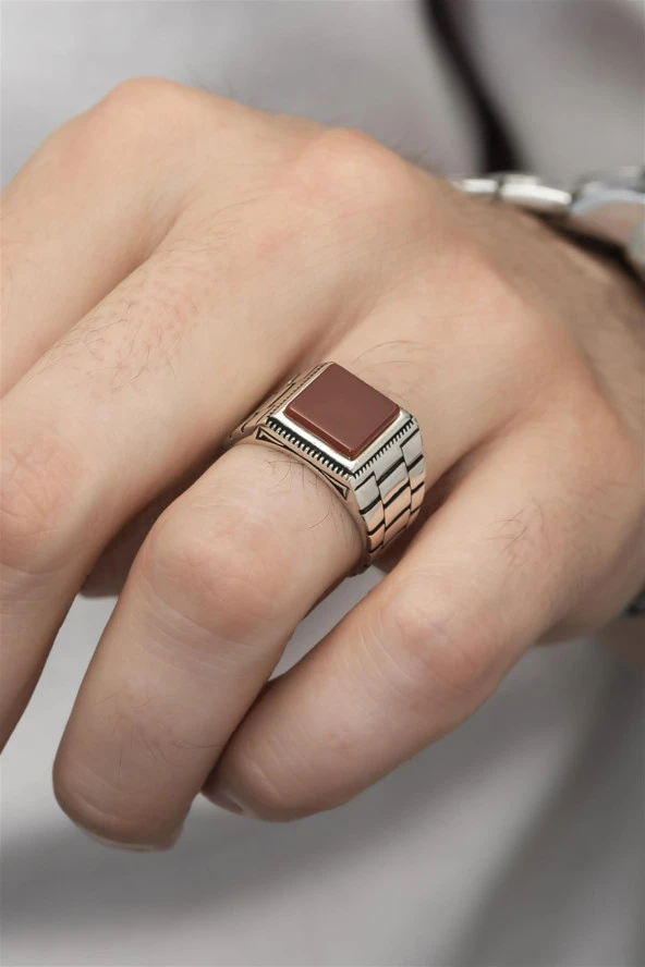 Akik Taşlı Kare Kordon Model 925 Gümüş Erkek Yüzük - Resim 5