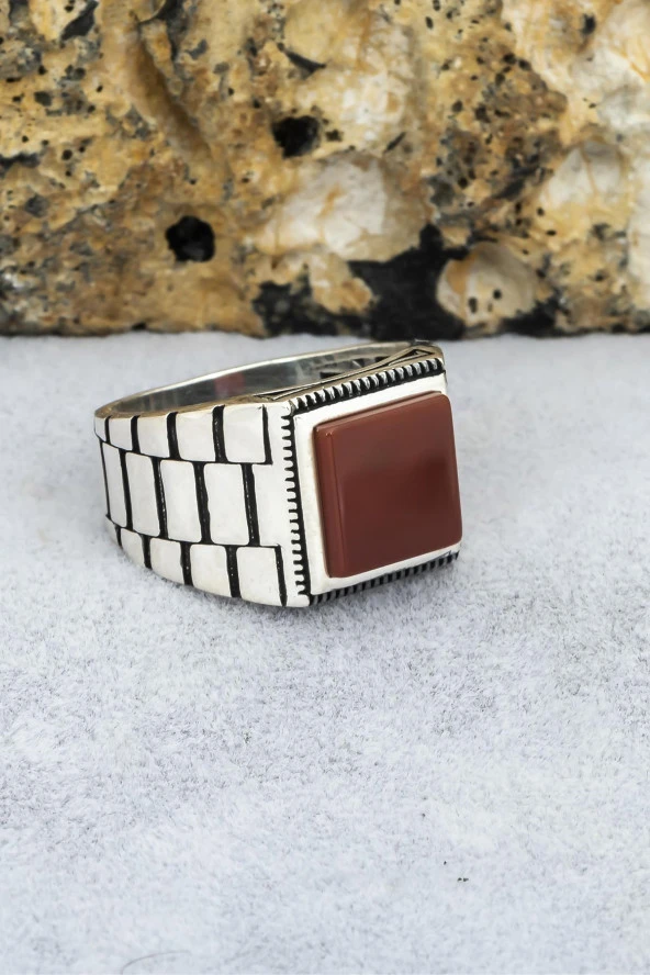 Akik Taşlı Kare Kordon Model 925 Gümüş Erkek Yüzük - Resim 7