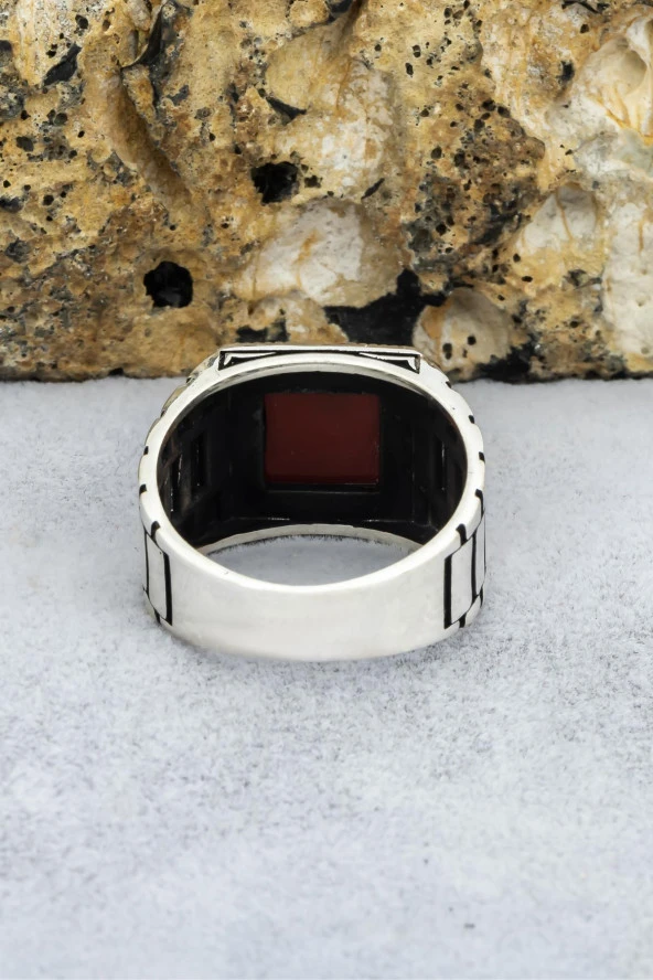 Akik Taşlı Kare Kordon Model 925 Gümüş Erkek Yüzük - Resim 8