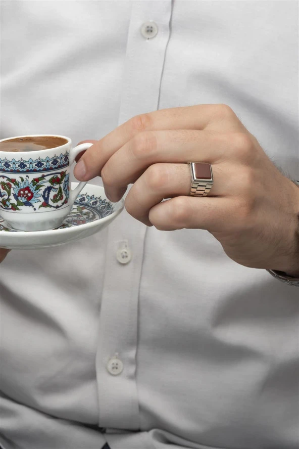 Akik Taşlı Kare Kordon Model 925 Gümüş Erkek Yüzük - Resim 9