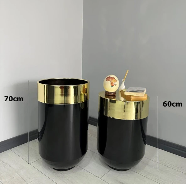 Dekoratif Gold Darbuka Parlak Siyah Saksı 70cm + Sehpa 60cm İkili Set - Resim 3