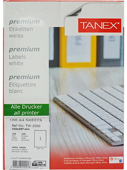 Tanex TW-2000 Hazır Etiket A4 210x297 mm Lazer Etiket 100 Adet