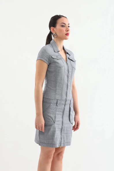 Yakalı Fermuarlı Gri Jean Elbise - 7