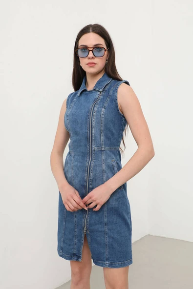Kadın Fermuarlı Jean Elbise