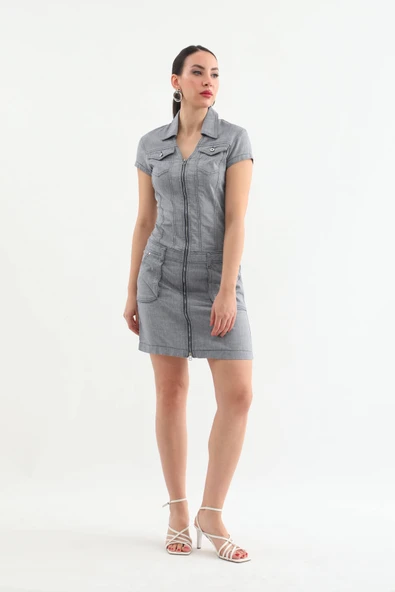 Yakalı Fermuarlı Gri Jean Elbise - 3