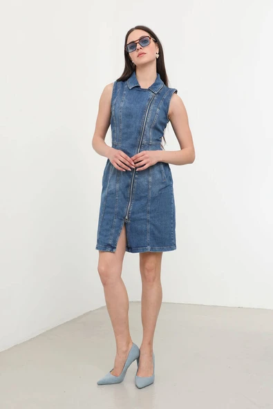 Kadın Fermuarlı Jean Elbise - 2