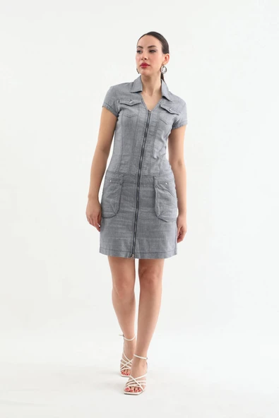 Yakalı Fermuarlı Gri Jean Elbise - 5
