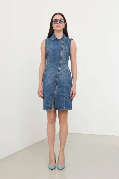 Kadın Fermuarlı Jean Elbise - 5