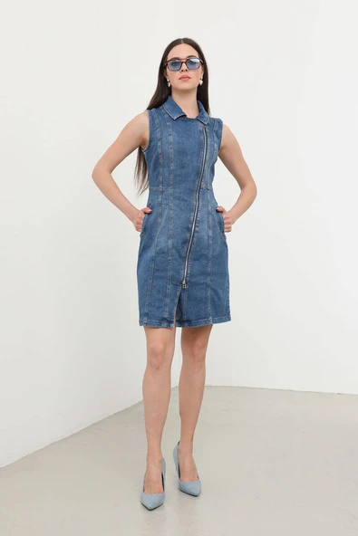 Kadın Fermuarlı Jean Elbise - 3