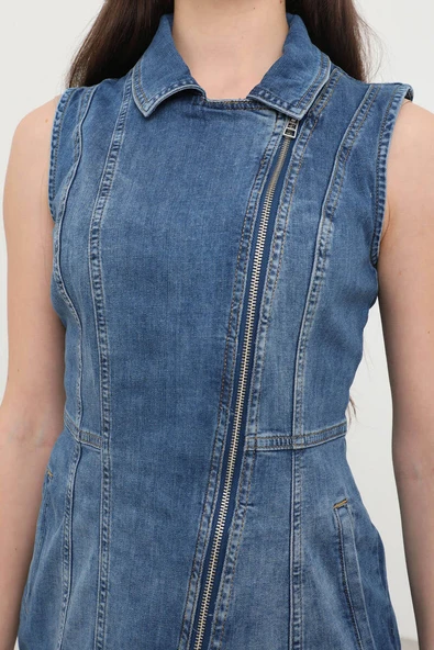 Kadın Fermuarlı Jean Elbise - 7