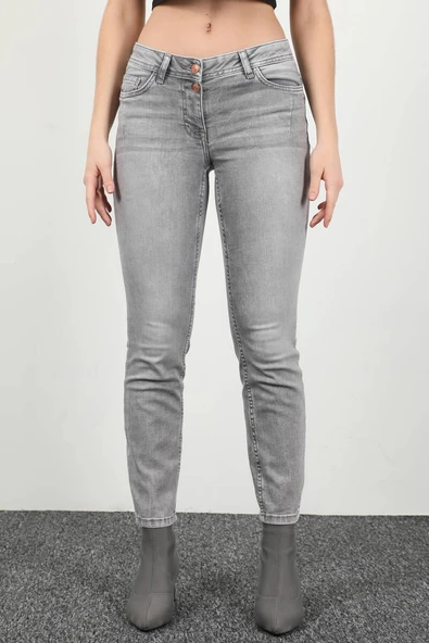 Kadın Likralı Çift Düğmeli Slim Fit Jean Pantolon Gri - 5