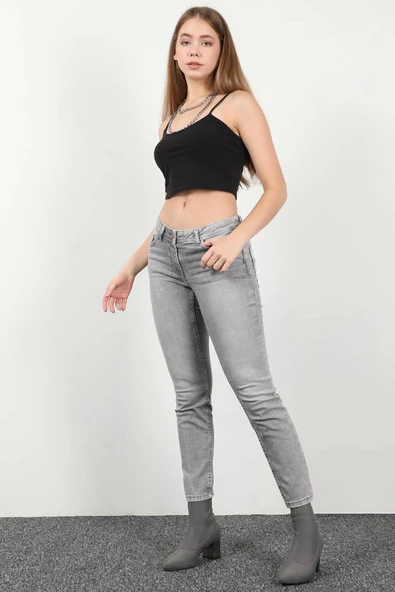Kadın Likralı Çift Düğmeli Slim Fit Jean Pantolon Gri - 3