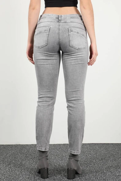 Kadın Likralı Çift Düğmeli Slim Fit Jean Pantolon Gri - 6