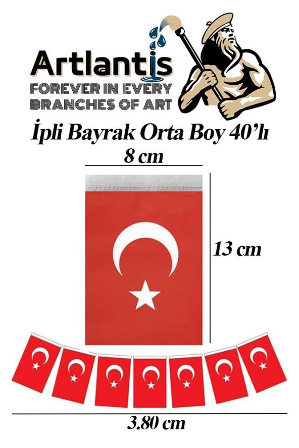 İpli Bayrak Orta Boy 40lı 8x13cm 1 Paket Türk Bayrağı Kağıt İpli Sıralı Ayyıldız Bayrak Sınıf Süsü Okul Bayram