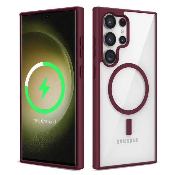Samsung Galaxy S22 Ultra Kılıf Magsafe Wireless Şarj Özellikli Silikon Zore Ege Kılıf Kapak  Koyu Kırmızı