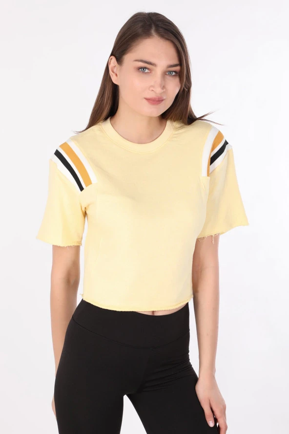 Kadın Ribanalı Crop T-shirt Sarı