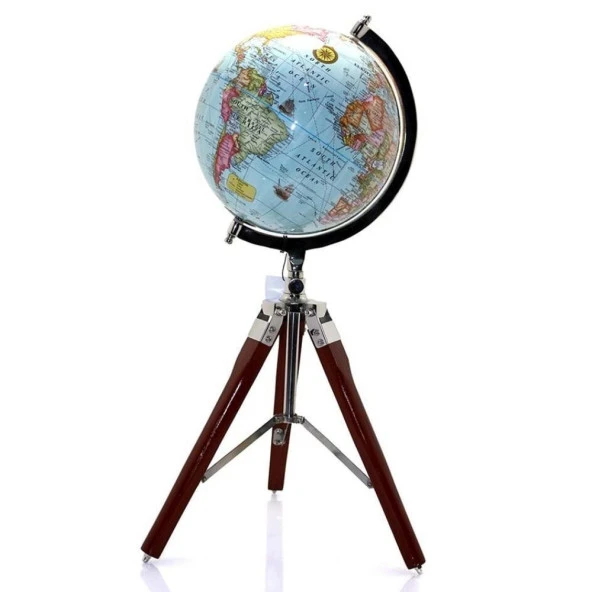 Ahşap Tripod Standlı Dünya Küre Zemin Dekoru Döner Dünya Küre Modern Harita Atlas 53cm Mavi