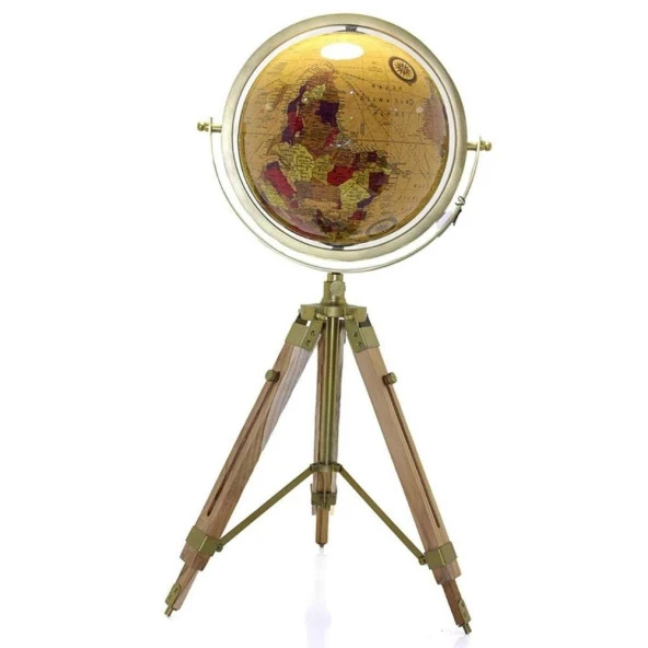 Ahşap Tripod Standlı Dünya Küre Zemin Dekoru Döner Dünya Küre Modern Harita Atlas 71cm Sarı