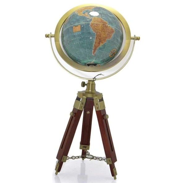 Ahşap Tripod Standlı Dünya Küre Zemin Dekoru Döner Dünya Küre Modern Harita Atlas 62cm Mavi