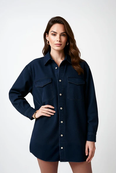 Kadın Oversize Jean Gömlek Lacivert - 2