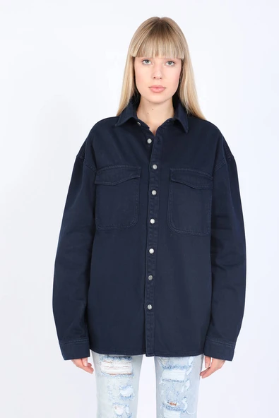 Kadın Oversize Jean Gömlek Lacivert - 7