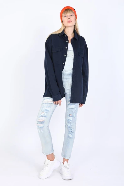 Kadın Oversize Jean Gömlek Lacivert - 5