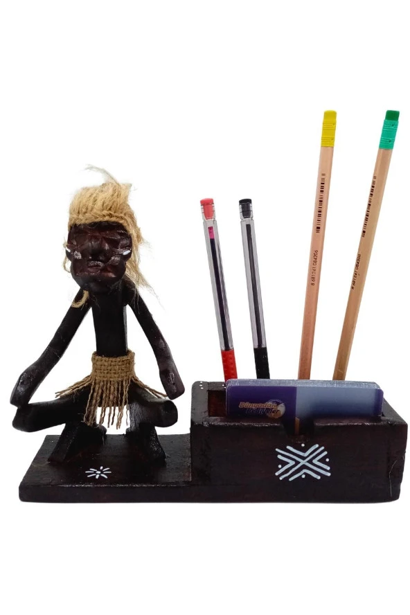 Ahşap Primitif Aborjin Kalemlik Kartlık El Yapımı - Resim 10