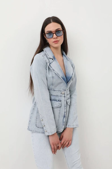 Kadın Uzun Kollu Tek Düğmeli Jean Ceket Açık Mavi - 3