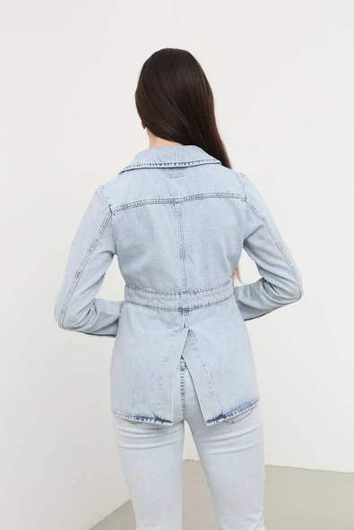 Kadın Uzun Kollu Tek Düğmeli Jean Ceket Açık Mavi - 7
